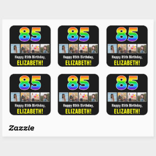 85th Birthday: Rainbow “85”; Custom Photos & Name Square Sticker