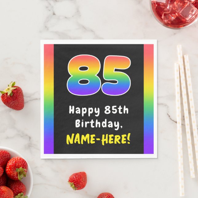 85th Birthday: Rainbow Spectrum # 85, Custom Name Napkin (Insitu)