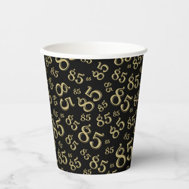 85th Birthday Random Number Pattern Black/Gold Paper Cups (Front)