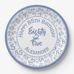 85th Birthday Random Number Pattern Blue/White Paper Plate