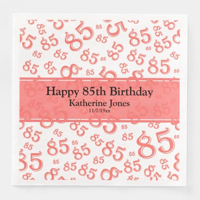 85th Birthday Random Number Pattern Coral/White Napkin (Front)