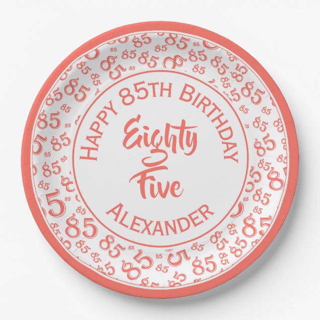 85th Birthday Random Number Pattern Coral/White Paper Plate (Front)