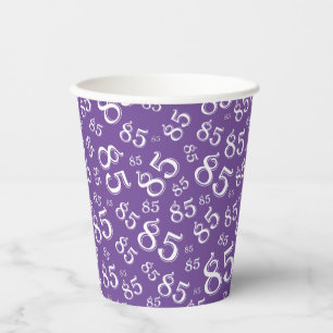 85th Birthday Random Number Pattern Purple/White  Paper Cups
