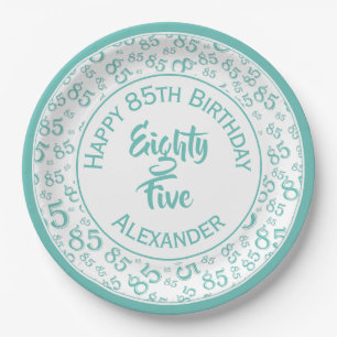 85th Birthday Random Number Pattern Teal/White Paper Plate
