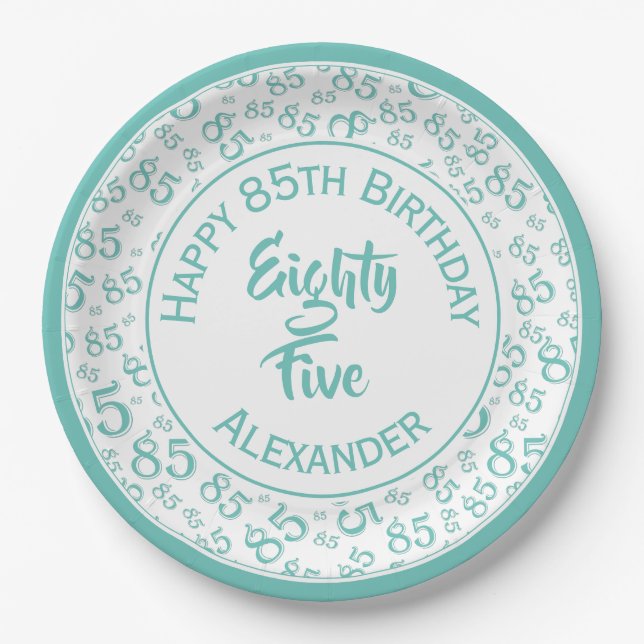 85th Birthday Random Number Pattern Teal/White Paper Plate (Front)