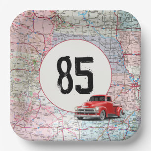 85th Birthday Red Retro Truck on Road Map   Paper Plate