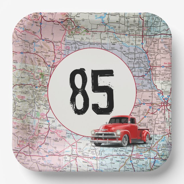 85th Birthday Red Retro Truck on Road Map   Paper Plate (Front)