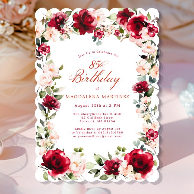85th Birthday Red Rose Pink Peony Floral Invitation (Creator Uploaded)