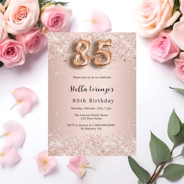 85th birthday rose gold pink confetti luxury invitation (Creator Uploaded)