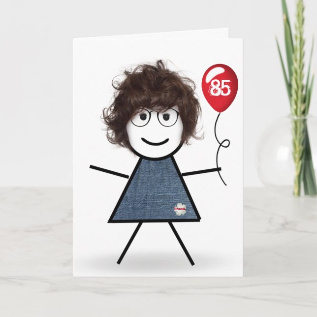 85th Birthday Stick Girl with Red Balloon  Card (Front)