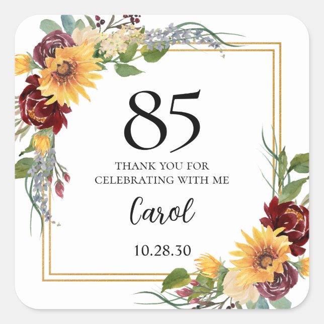85th Birthday Sunflowers Thank You Square Sticker (Front)