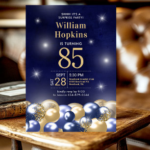 85th Birthday Surprise Navy Blue Gold Balloons Invitation