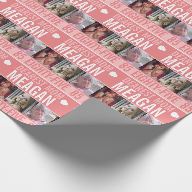 85th birthday three photos coral orange white wrapping paper (Corner)