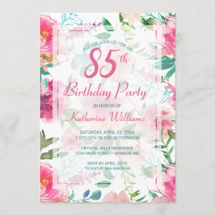 85th Birthday Tropical Floral Pink Peony Party Invitation