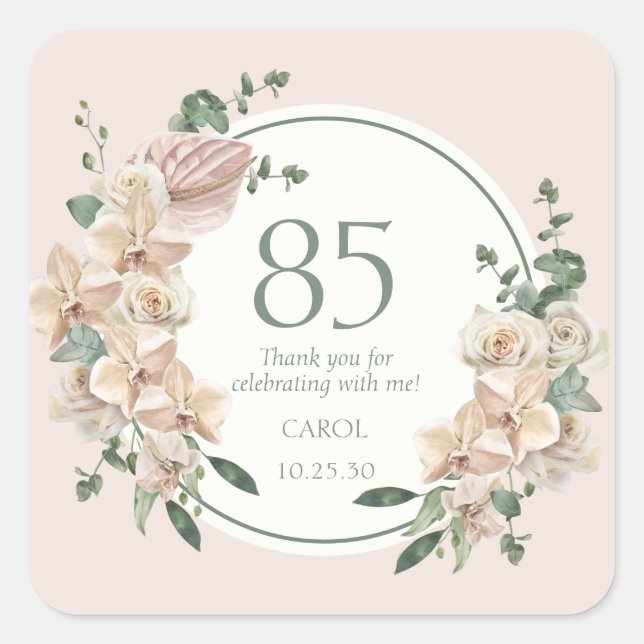 85th Birthday Tropical Floral Thank You Square Sticker (Front)