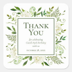 85th Birthday White Hydrangeas Thank You Square Sticker