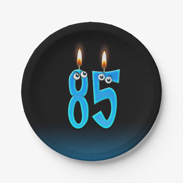 85th Birthday with lit candle numbers Paper Plate (Front)