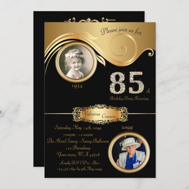 85th,Birthday Woman 85th,elegant art deco,black Invitation (Front/Back)