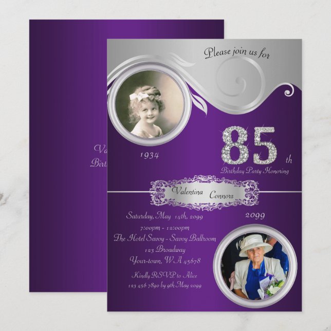 85th,Birthday Woman 85th,elegant art deco,purple V Invitation (Front/Back)