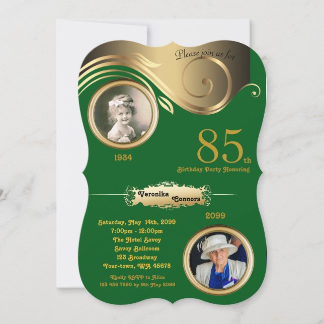 85th,Birthday Woman age, art deco,green gold Invitation (Front)