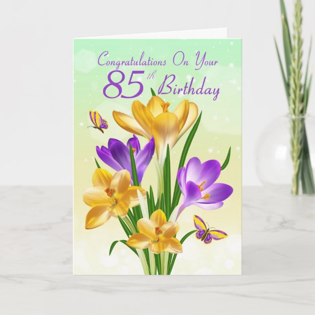 85th Birthday Yellow And Purple Crocus Card (Front)