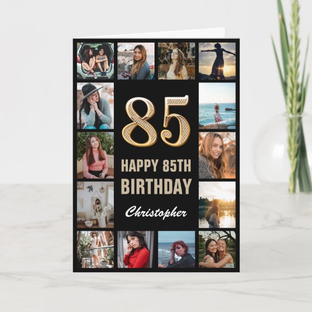 85th Happy Birthday Black and Gold Photo Collage Card (Front)