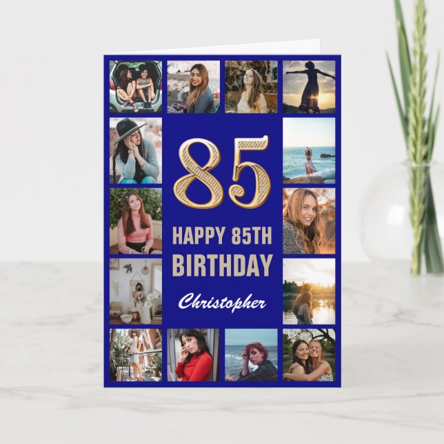 85th Happy Birthday Navy Blue & Gold Photo Collage Card (Front)