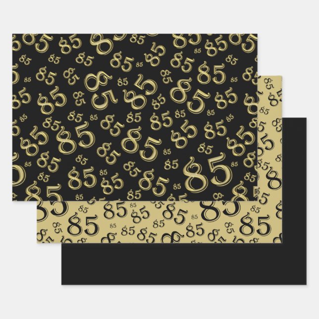 85th Milestone Birthday Black/Gold Number Pattern Wrapping Paper Sheet (Set)