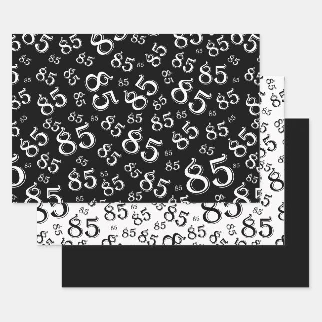 85th Milestone Birthday Black/White Number Pattern Wrapping Paper Sheet (Set)