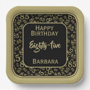 85th Party Random Number Pattern Black/Gold Paper Plate
