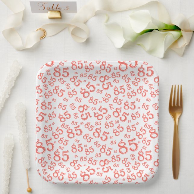 85th Party Random Number Pattern Coral/White Paper Plate (Wedding)