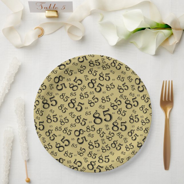 85th Party Random Number Pattern Gold/Black Paper Plate (Wedding)