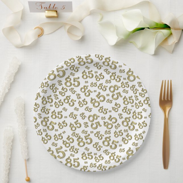 85th Party Random Number Pattern Gold/White Paper Plate (Wedding)