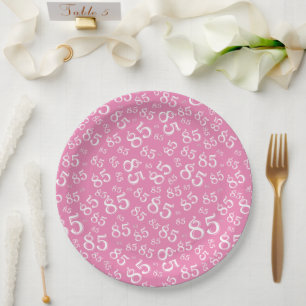 85th Party Random Number Pattern Pink/White Paper Plate