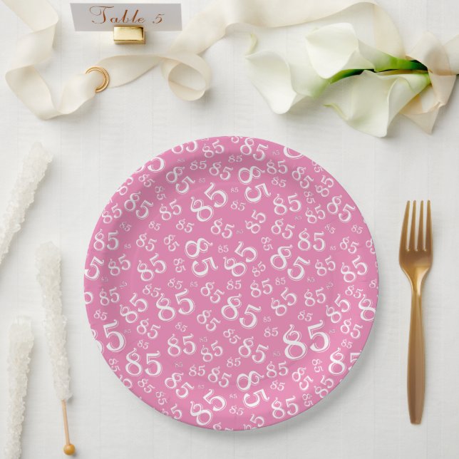 85th Party Random Number Pattern Pink/White Paper Plate (Wedding)