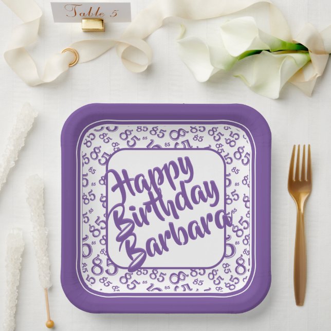 85th Party Random Number Pattern Purple/White Paper Plate (Wedding)
