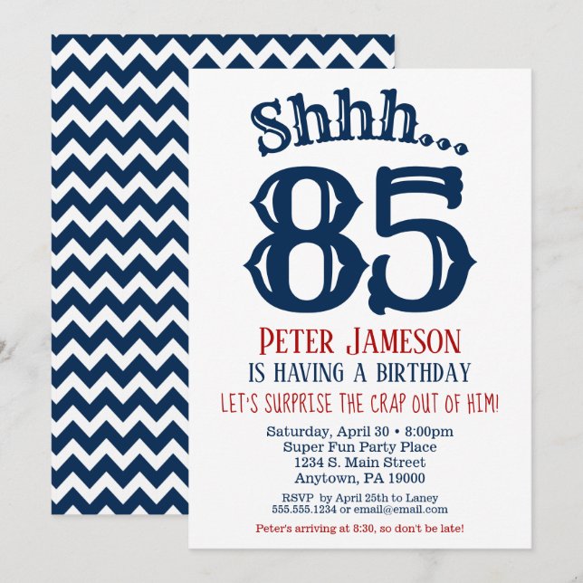 85th Surprise Birthday Invitation Mens Navy Blue (Front/Back)