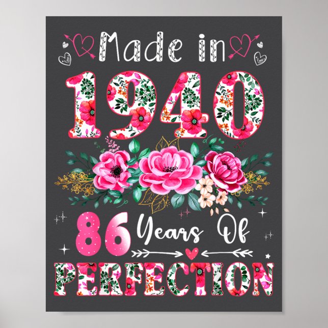 86 Year Old Made In 1940 Floral 86th Birthday Wome Poster (Front)