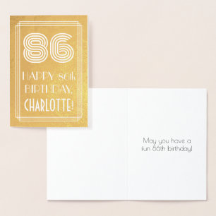86th Birthday – Art Deco Inspired Look "86" + Name Foil Card