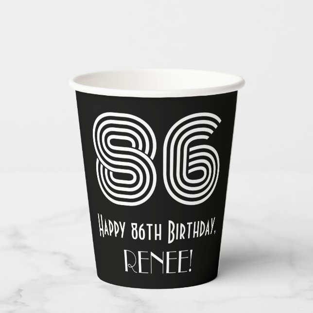 86th Birthday — Art Deco Inspired Look “86” + Name Paper Cups (Back)