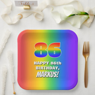 86th Birthday: Colourful, Fun Rainbow Pattern # 86 Paper Plate