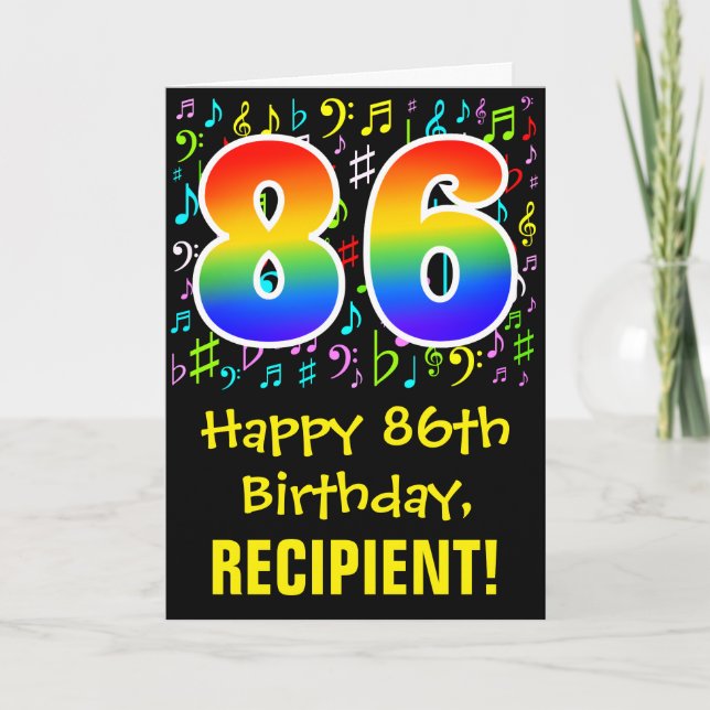 86th Birthday: Colourful Music Symbols + Rainbow 8 Card (Front)