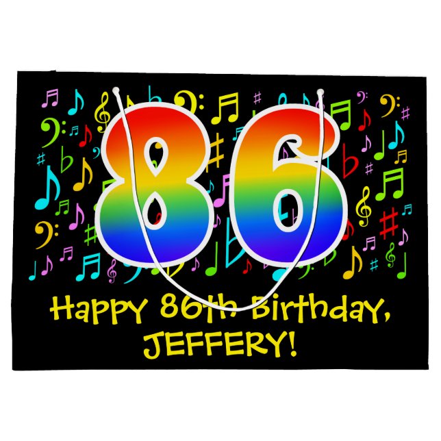 86th Birthday - Colourful Music Symbols, Rainbow 8 Large Gift Bag (Back)