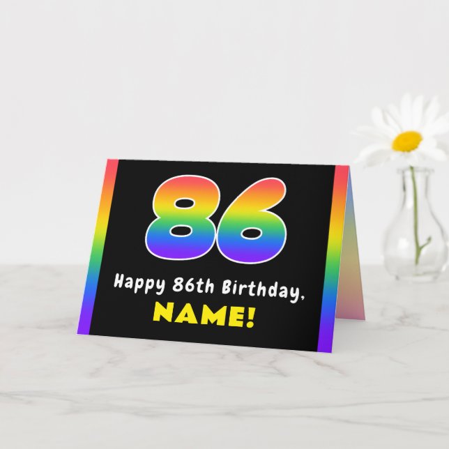 86th Birthday: Colourful Rainbow # 86, Custom Name Card (Small Plant)