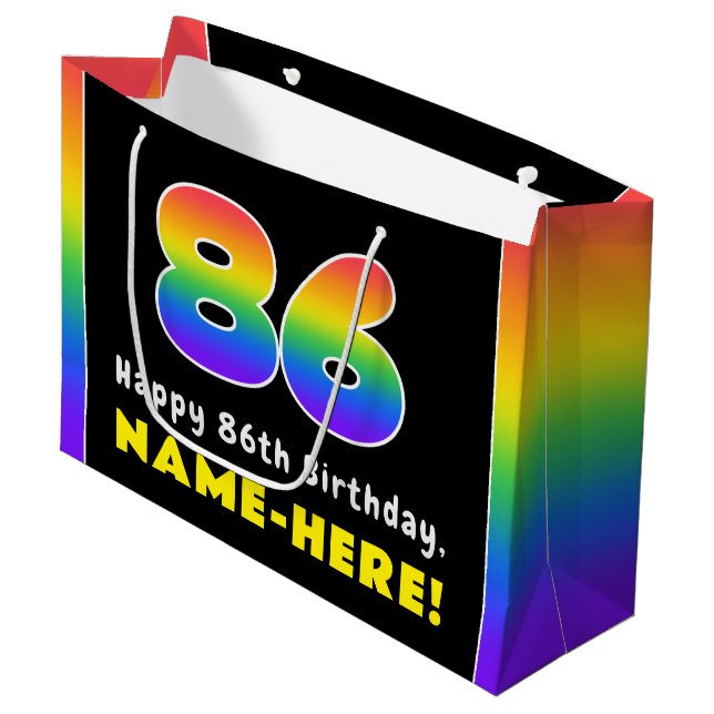 86th Birthday: Colourful Rainbow # 86, Custom Name Large Gift Bag (Front Angled)