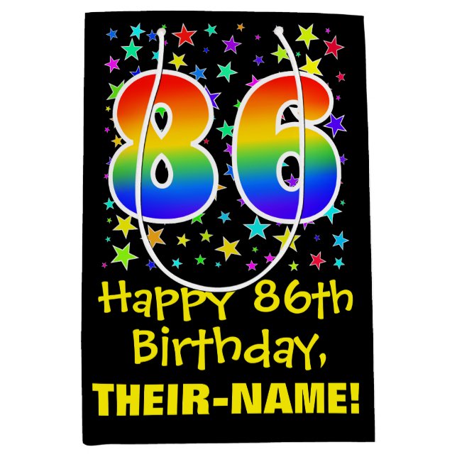 86th Birthday: Colourful Stars Pattern & Rainbow 8 Medium Gift Bag (Front)