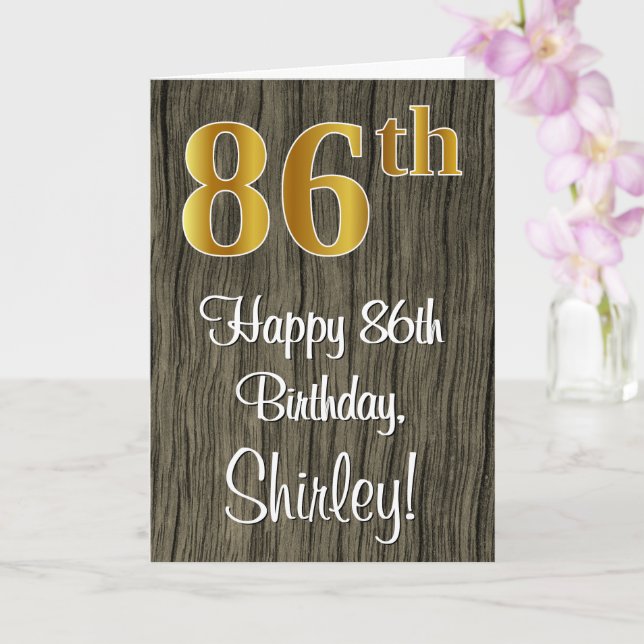 86th Birthday: Elegant Faux Gold Look #, Faux Wood Card (Orchid)
