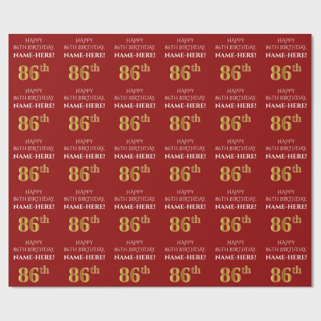 86th Birthday: Elegant, Red, Faux Gold Look Wrapping Paper (Flat)