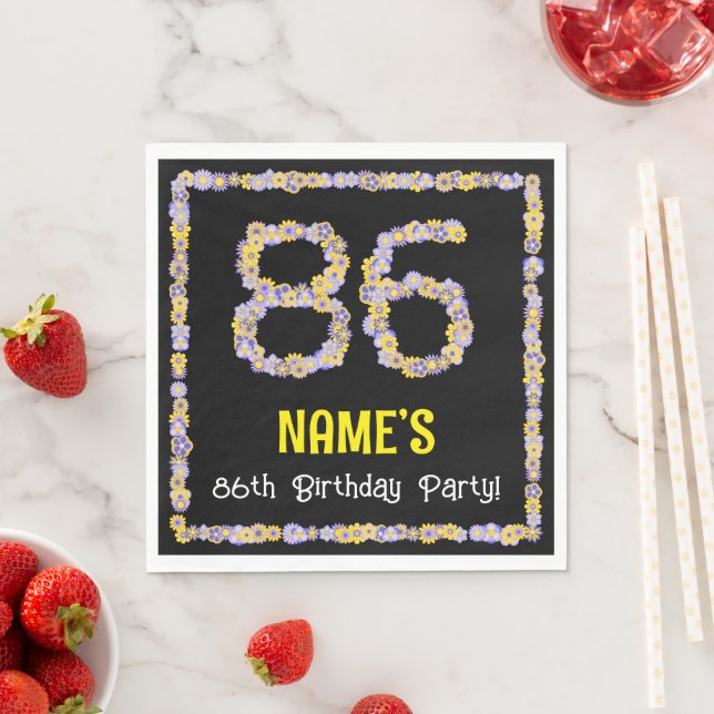 86th Birthday: Floral Flowers Number, Custom Name Napkin (Insitu)