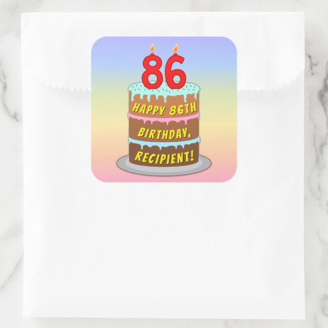 86th Birthday: Fun Cake and Candles + Custom Name Square Sticker (Bag)